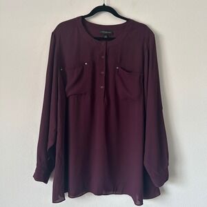 Lane Bryant Womens 26/28 Burgundy Roll Tab Sleeve Button Front Blouse Top Maroon